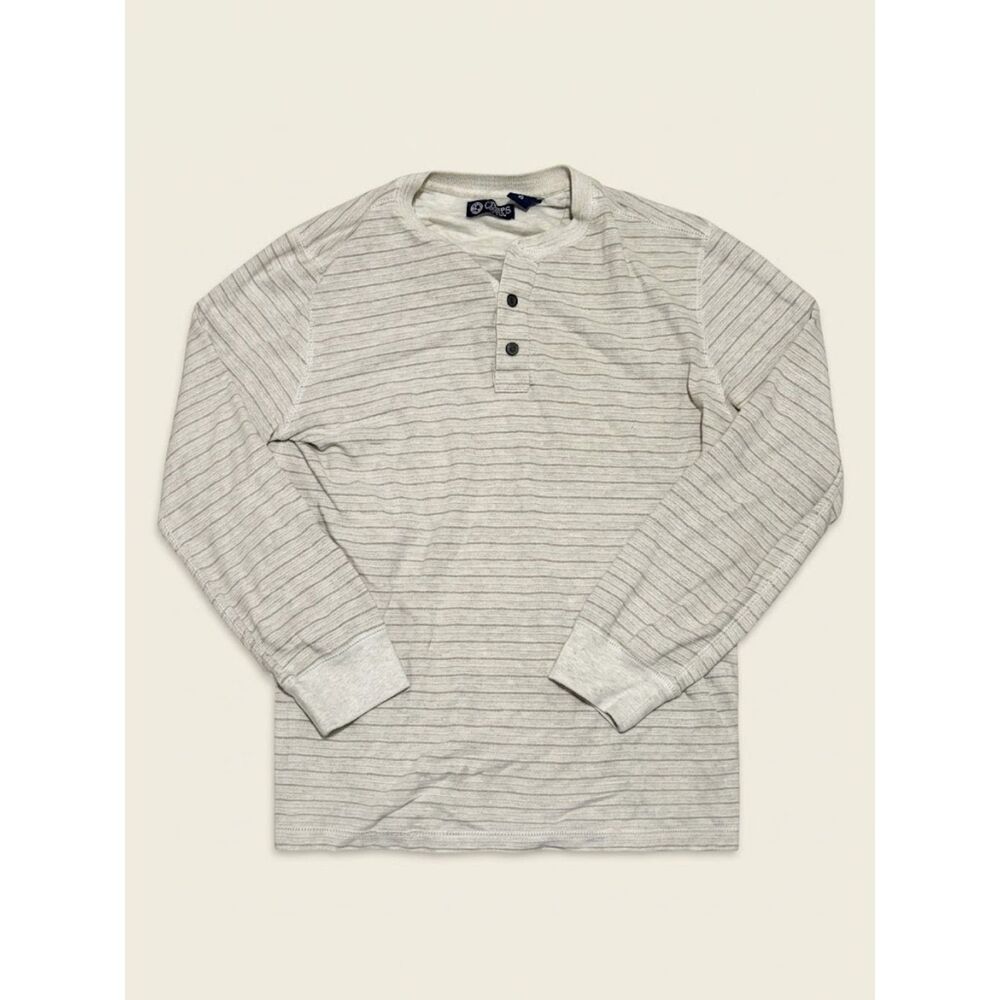Striped Henley Shirt Mens M Oatmeal Cream Long Sleeve Cotton Raglan Chaps